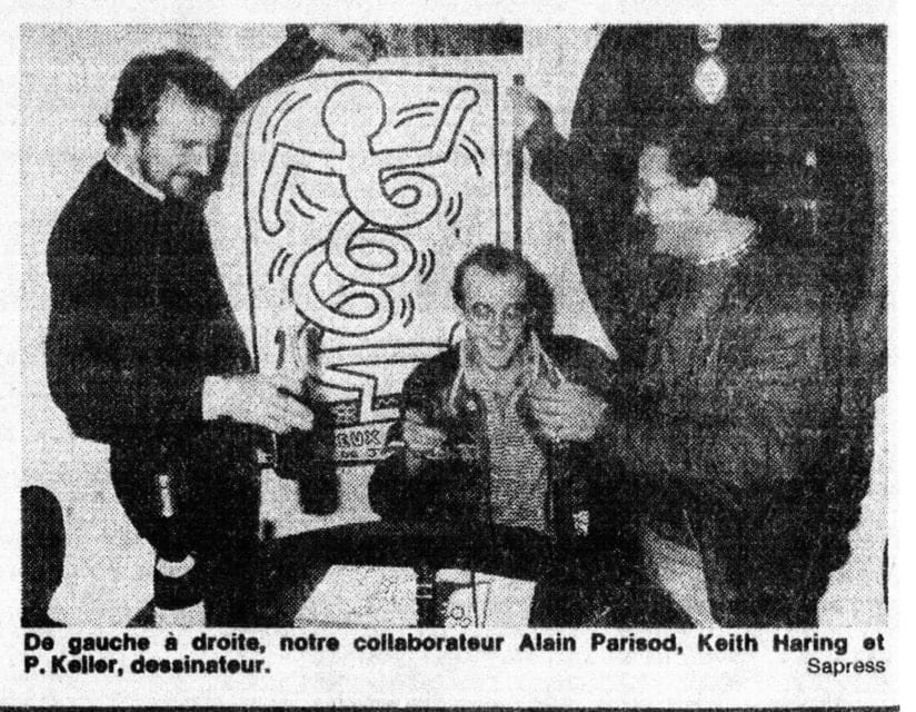 Der Zeitungsausschnitt von damals: „Von links nach rechts: unser Mitarbeiter Alain Parisod, Keith Haring und P. Keller, Zeichner.“