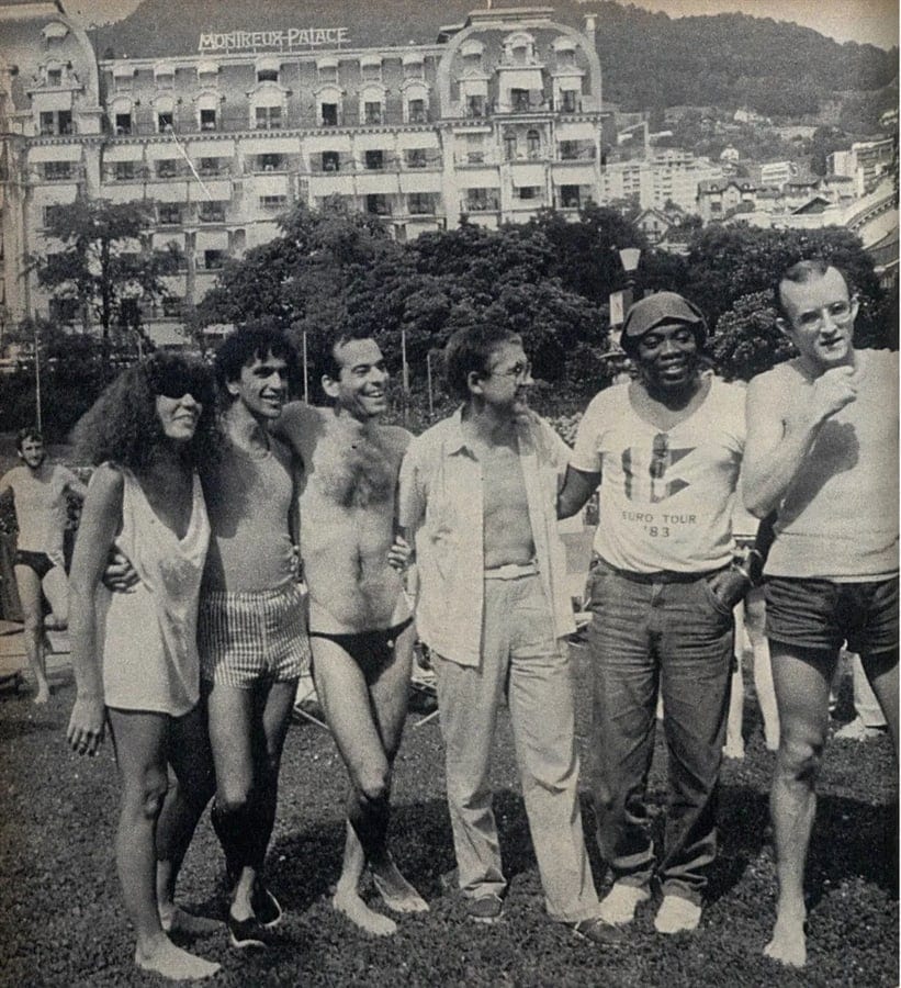 In den Gärten des Montreux Palace: Elba Ramalho, Caetano Veloso, Ney Matogrosso, Claude Nobs, Milton Nascimento und Keith Haring.