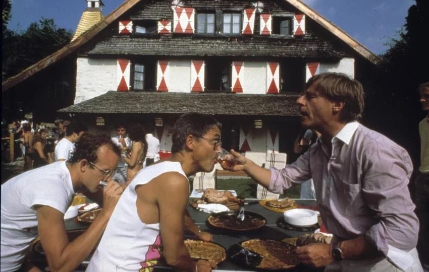 Keith Haring, Claude Nobs und Emil Steinberger im Chalet von Claude Nobs, in Haut-de-Caux.