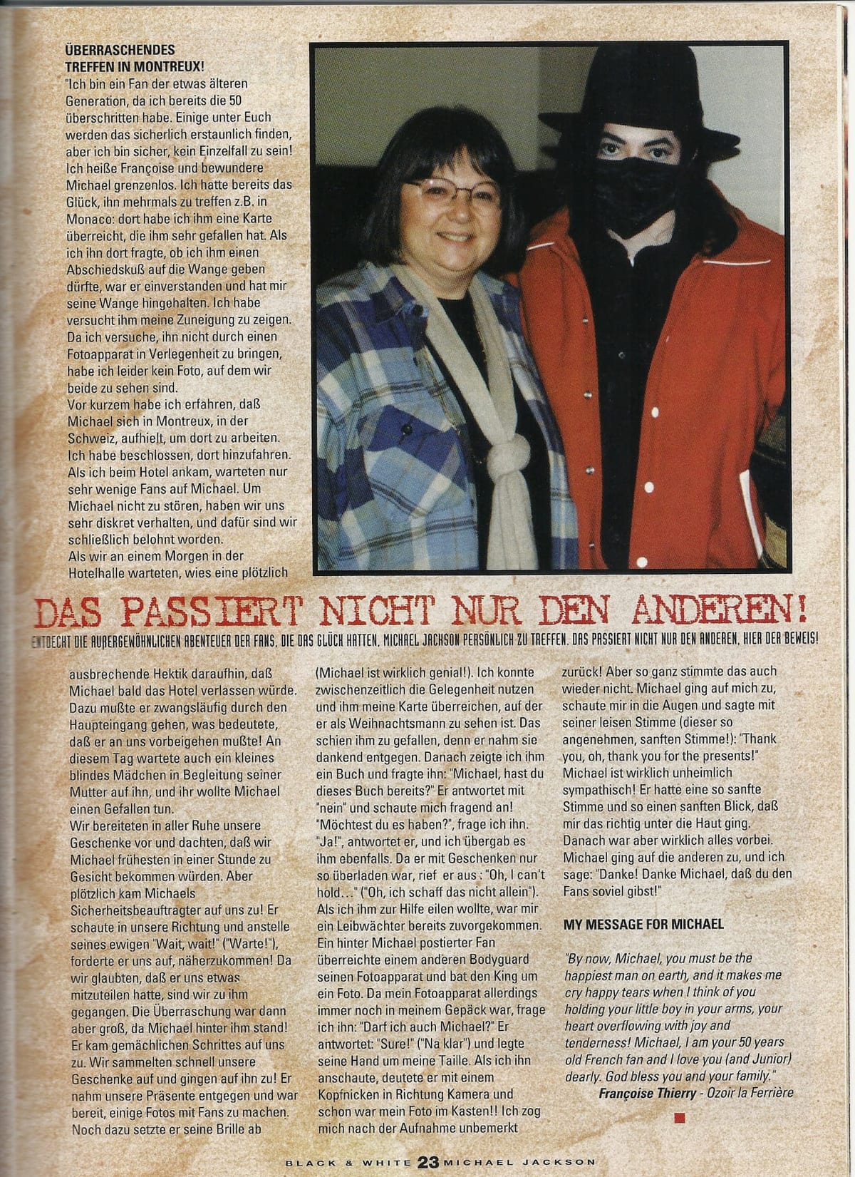 Der Bericht von Françoise Thierry und ihr Foto mit Michael Jackson, erschienen im Magazin „Black & White“.