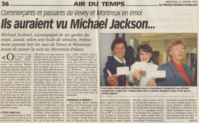 Die Seite vom 15. Januar 1997: „Ils auraient vu Michael Jackson …“. Célia Kahrs, Emilia Ardilio und Elisabeth Bonzon zeigen das am Vortag in Vevey signierte Autogramm.