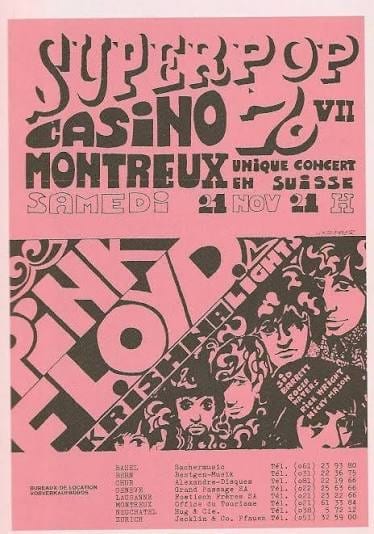 Il manifesto del festival Super Pop 70: «Unico concerto in Svizzera», Pink Floyd al Casino di Montreux, sabato 21 novembre 1970.